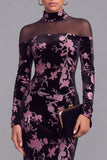 Black Mermaid High Neck Velvet Floral Long Formal Dress with Sleeves