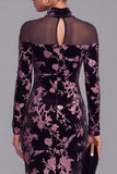 Black Mermaid High Neck Velvet Floral Long Formal Dress with Sleeves