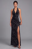 Black Halter Mermaid Floral Maxi Velvet Formal Dress with Slit