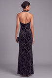 Black Halter Mermaid Floral Maxi Velvet Formal Dress with Slit