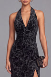 Black Halter Mermaid Floral Maxi Velvet Formal Dress with Slit