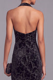 Black Halter Mermaid Floral Maxi Velvet Formal Dress with Slit