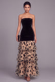 Black and Champagne Mermaid Strapless Velvet Floral Long Formal Dress with Ruffles