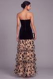 Black and Champagne Mermaid Strapless Velvet Floral Long Formal Dress with Ruffles