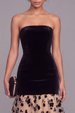 Black and Champagne Mermaid Strapless Velvet Floral Long Formal Dress with Ruffles