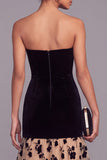 Black and Champagne Mermaid Strapless Velvet Floral Long Formal Dress with Ruffles