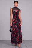 Black Red Floral Velvet A-Line High Neck Maxi Formal Dress