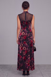 Black Red Floral Velvet A-Line High Neck Maxi Formal Dress