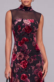 Black Red Floral Velvet A-Line High Neck Maxi Formal Dress