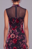 Black Red Floral Velvet A-Line High Neck Maxi Formal Dress