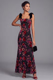Black Red Floral Mermaid Square Neck Maxi Velvet Formal Dress with Bow