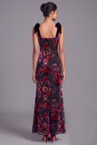 Black Red Floral Mermaid Square Neck Maxi Velvet Formal Dress with Bow