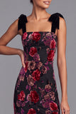 Black Red Floral Mermaid Square Neck Maxi Velvet Formal Dress with Bow