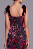 Black Red Floral Mermaid Square Neck Maxi Velvet Formal Dress with Bow