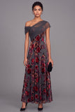 Grey Red Floral Velvet One Shoulder Maxi Formal Dress