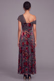 Grey Red Floral Velvet One Shoulder Maxi Formal Dress