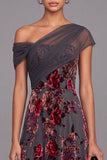 Grey Red Floral Velvet One Shoulder Maxi Formal Dress