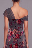 Grey Red Floral Velvet One Shoulder Maxi Formal Dress