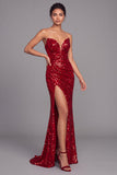 Sparkly Red Mermaid Strapless Sequins Maxi Formal Dress with Slit
