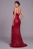 Sparkly Red Mermaid Strapless Sequins Maxi Formal Dress with Slit
