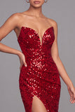 Sparkly Red Mermaid Strapless Sequins Maxi Formal Dress with Slit