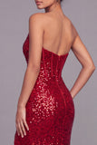 Sparkly Red Mermaid Strapless Sequins Maxi Formal Dress with Slit