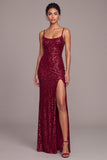 Burgundy Sparkly Mermaid Spaghetti Straps Maxi Sequins Formal Dress with Slit