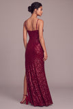 Burgundy Sparkly Mermaid Spaghetti Straps Maxi Sequins Formal Dress with Slit