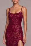 Burgundy Sparkly Mermaid Spaghetti Straps Maxi Sequins Formal Dress with Slit