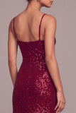 Burgundy Sparkly Mermaid Spaghetti Straps Maxi Sequins Formal Dress with Slit