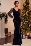 Black Mermaid V-Neck Long Sleeves Velvet Keyhole Formal Dress