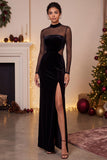 Black Sheath High Neck Velvet Long Sleeves Keyhole Cut Out Formal Dress with Slit
