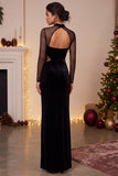 Black Sheath High Neck Velvet Long Sleeves Keyhole Cut Out Formal Dress with Slit