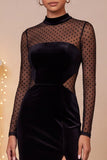 Black Sheath High Neck Velvet Long Sleeves Keyhole Cut Out Formal Dress with Slit