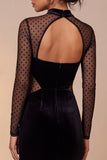 Black Sheath High Neck Velvet Long Sleeves Keyhole Cut Out Formal Dress with Slit