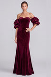 Burgundy Mermaid Velvet Off the Shoulder Puff Sleeves Long Formal Dress