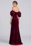 Burgundy Mermaid Velvet Off the Shoulder Puff Sleeves Long Formal Dress