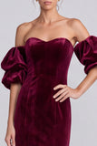 Burgundy Mermaid Velvet Off the Shoulder Puff Sleeves Long Formal Dress