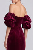 Burgundy Mermaid Velvet Off the Shoulder Puff Sleeves Long Formal Dress