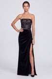 Sparkly Sequins Black Mermaid Floral Strapless Velvet Ruched Maxi Formal Dress with Slit