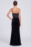 Sparkly Sequins Black Mermaid Floral Strapless Velvet Ruched Maxi Formal Dress with Slit