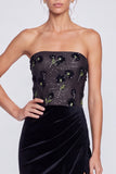 Sparkly Sequins Black Mermaid Floral Strapless Velvet Ruched Maxi Formal Dress with Slit