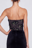 Sparkly Sequins Black Mermaid Floral Strapless Velvet Ruched Maxi Formal Dress with Slit