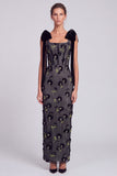 Black Sheath Floral Square Neck Long Formal Dress with Bow