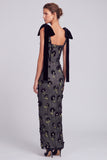 Black Sheath Floral Square Neck Long Formal Dress with Bow