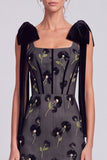 Black Sheath Floral Square Neck Long Formal Dress with Bow