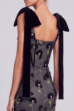 Black Sheath Floral Square Neck Long Formal Dress with Bow