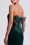 Dark Green Velvet Mermaid Strapless Long Formal Dress with Bow