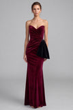 Burgundy Velvet Strapless Mermaid Ruched Long Formal Dress with Bow