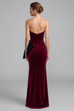 Burgundy Velvet Strapless Mermaid Ruched Long Formal Dress with Bow